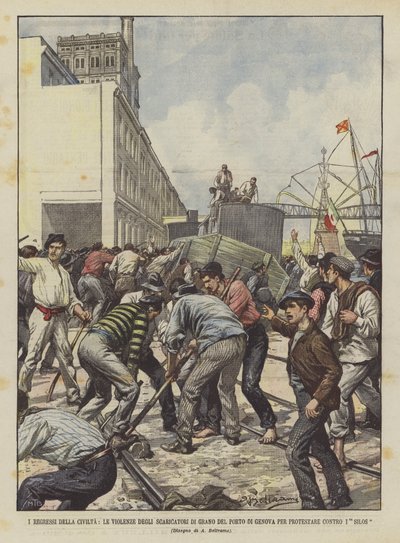 The Regressions of Civilization, the Violence of the Grain Dockers of the Port of Genoa to Protest Against the Silos by Achille Beltrame