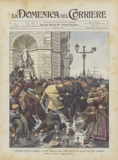 The Bloody Riots in Trieste, the Crowd Charged by the Troops in Front of the Austrian Lloyd Palace by Achille Beltrame