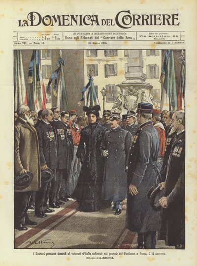 The Sovereigns pass in front of the Italian veterans lined up in the pronaos of the Pantheon in Rome on the 14th by Achille Beltrame