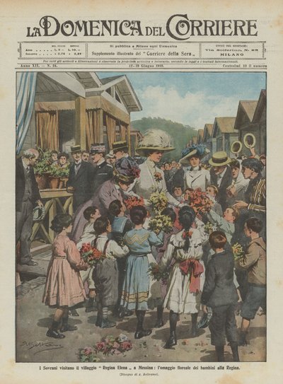 The Sovereigns visit the Regina Elena village in Messina, the floral tribute of the children to the Queen by Achille Beltrame