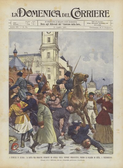 The Riots in Russia, The Fight Between Cossacks, Students, and Workers on Nevsky Prospect by Achille Beltrame