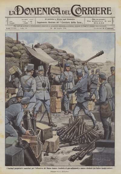 The barbaric Austrian preparations for the offensive on the Lower Isonzo, asphyxiating gas cylinders... by Achille Beltrame