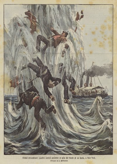 Extraordinary cases, four men projected into the air from the bottom of a river in New York by Achille Beltrame