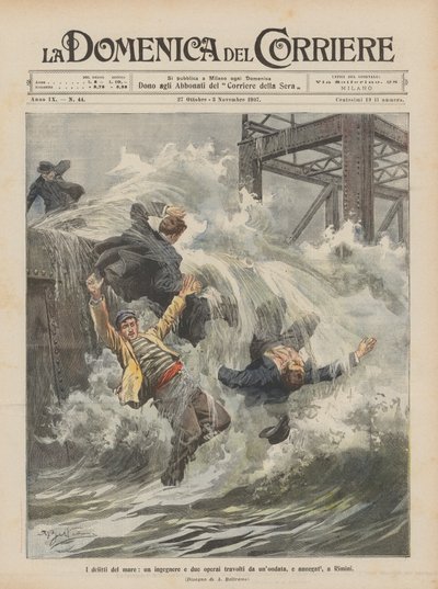The Crimes of the Sea, an Engineer and Two Workers Overwhelmed by a Wave and Drowned in Rimini by Achille Beltrame