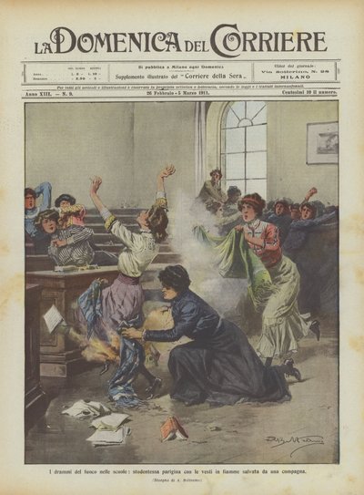The Dramas of Fire in Schools, Parisian Student with Burning Clothes Saved by a Companion by Achille Beltrame