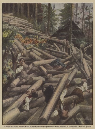 The dramas of labor, a huge pile of cut wood falls on several lumberjacks by Achille Beltrame