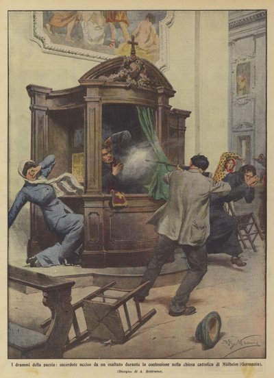 The dramas of madness, priest killed by an exalted man during confession in the church by Achille Beltrame