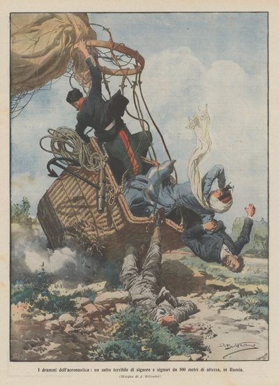 The dramas of aeronautics, a terrible jump of ladies and gentlemen from 800 meters high, in Russia by Achille Beltrame