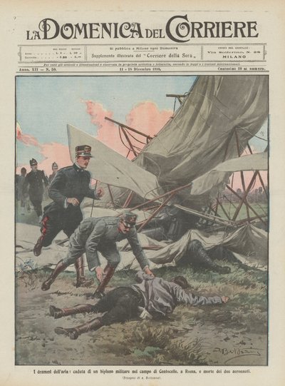 The Dramas of the Air, Military Biplane Crash in the Centocelle Field in Rome, Death of Two Aeronauts by Achille Beltrame