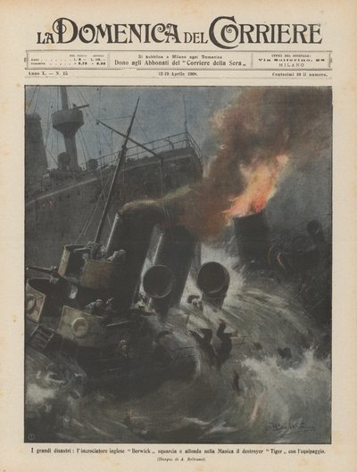 The great disasters, the British cruiser Berwick rams and sinks the destroyer in the English Channel by Achille Beltrame