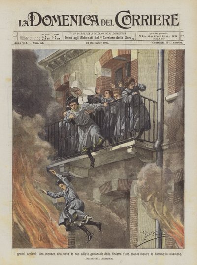 Great Heroism, a Nun Saving Her Students by Throwing Them from the Window of a School by Achille Beltrame