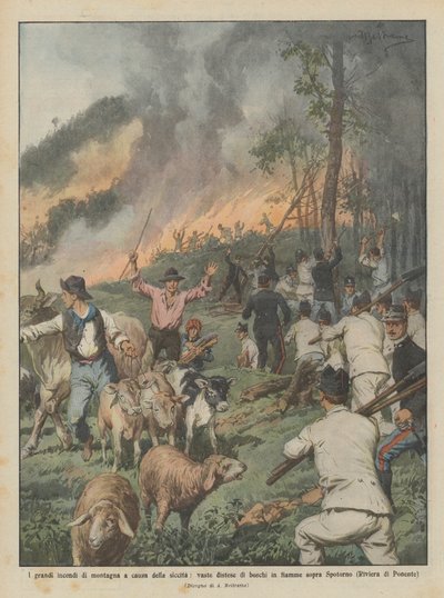 The great mountain fires due to drought, vast stretches of forests in flames by Achille Beltrame