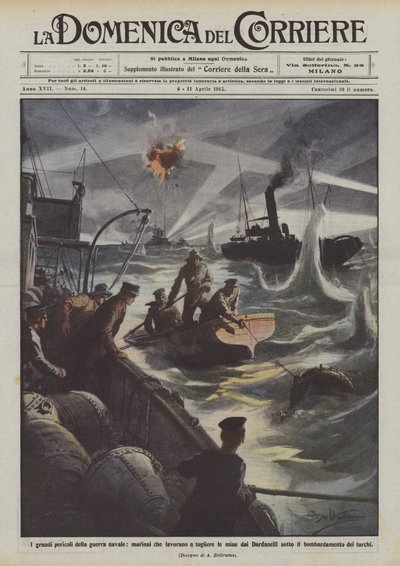 The great dangers of naval warfare, sailors working to remove mines from the Dardanelles by Achille Beltrame