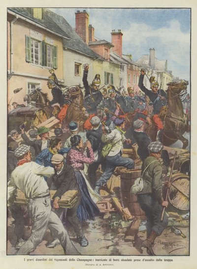 The Serious Disorders of the Champagne Winemakers: Barricades of Broken Barrels Assaulted by Troops by Achille Beltrame