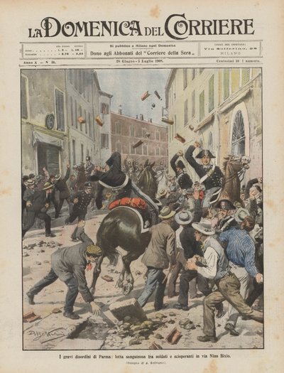 The serious disorders in Parma, bloody fight between soldiers and strikers in via Nino Bixio by Achille Beltrame