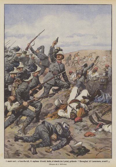 Our heroes, at Kars-Bu-Adi, Captain Civardi, wounded, rushes among the first, shouting by Achille Beltrame
