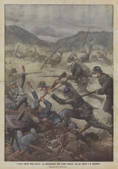The New Aspects of War, a Counterattack by Our Infantry, with Helmets and Masks by Achille Beltrame