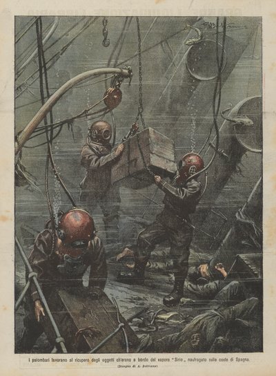 Divers work to recover objects from the steamer Sirio wrecked off the coast of Spain by Achille Beltrame