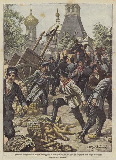 Striking bakers in Moscow destroy bread brought from outside to prevent its distribution by Achille Beltrame