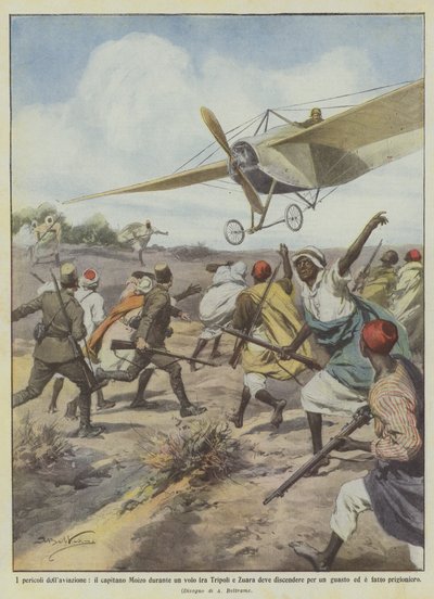 The dangers of aviation, Captain Moizo during a flight between Tripoli and Zuara has to descend by Achille Beltrame