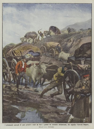 The picturesque convoys of primitive carts pulled by oxen and driven by militarized peasants by Achille Beltrame