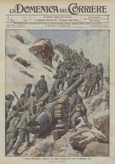 The Wonders of Our Artillery, a Steel Giant Rises Towards a Very High Peak by Achille Beltrame