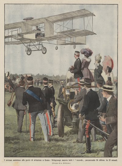 The sovereigns attend aviation trials in Rome, Delagrange breaks all records by Achille Beltrame