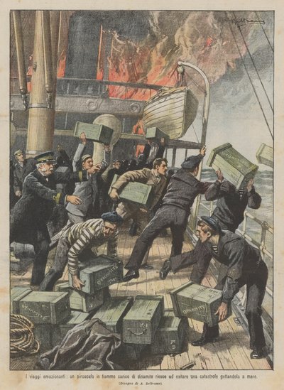 Exciting Journeys, a Steamer on Fire Loaded with Dynamite Avoids Catastrophe by Throwing It Overboard by Achille Beltrame
