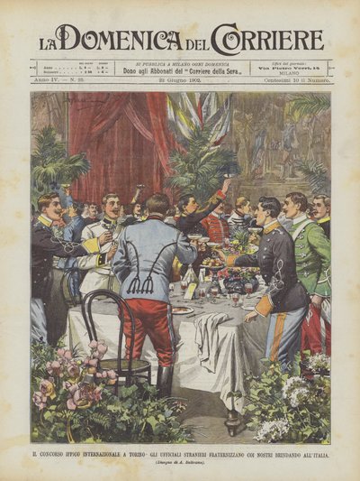 The International Horse Show in Turin, Foreign Officers Fraternizing with Ours Toasting to Italy by Achille Beltrame