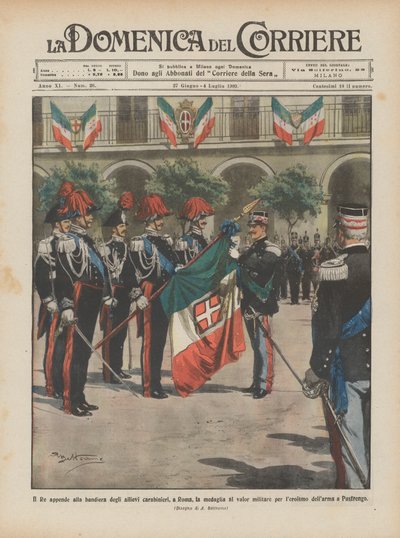 The King attaches the military valor medal to the flag of the Carabinieri cadets, in Rome by Achille Beltrame