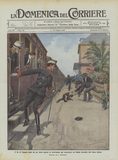 The King of Spain jumps from a moving train to rescue a child hit by the same train by Achille Beltrame