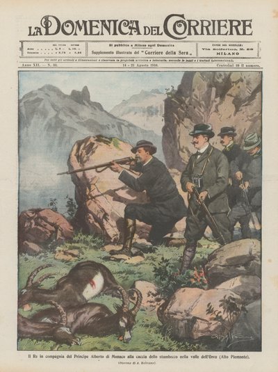 The King in the company of Prince Albert of Monaco hunting ibex in the Orco Valley (Upper Piedmont) by Achille Beltrame
