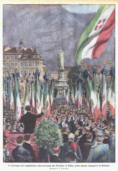 The meeting of the combatants, in the presence of the Prince of Udine, in the main square of Bolzano by Achille Beltrame