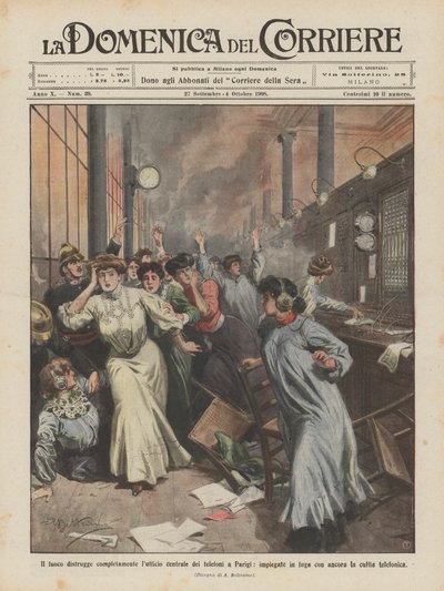 Fire Completely Destroys the Central Telephone Office in Paris, Employees Fleeing by Achille Beltrame