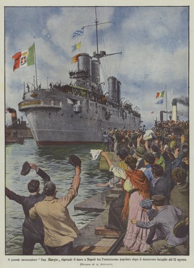 The Great Cruiser San Giorgio Resumes Sailing in Naples Amid Popular Enthusiasm After by Achille Beltrame