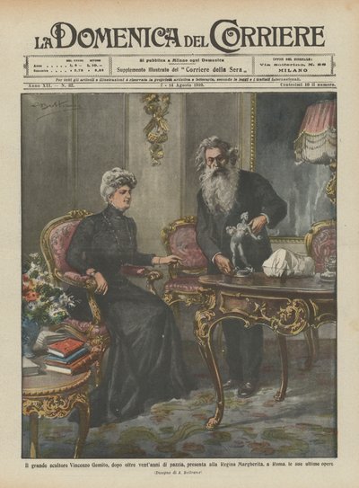The great sculptor Vincenzo Gemito, after over twenty years of madness, presents to the Queen by Achille Beltrame
