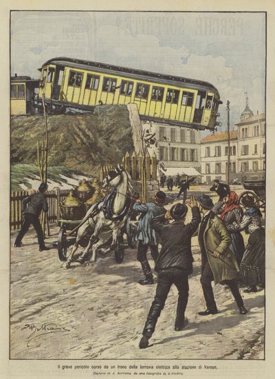 The serious danger faced by an electric railway train at the Varese station by Achille Beltrame
