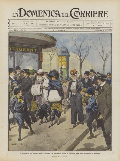 The Grotesque in the Latest Fashion, Ladies with Pants Mocked and Whistled at in Public by Achille Beltrame