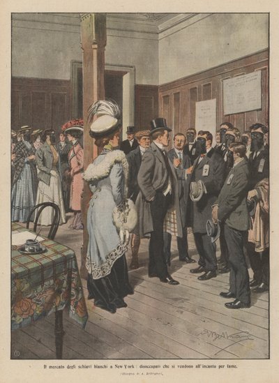The white slave market in New York, unemployed selling themselves for hunger (colour litho) by Achille Beltrame