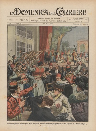 The Political Moment, Montenegrins Protesting in a Small Theater in Constantinople by Achille Beltrame