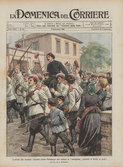 The world upside down, Cossacks near St. Petersburg singing the Marseillaise and carrying a priest in triumph! by Achille Beltrame