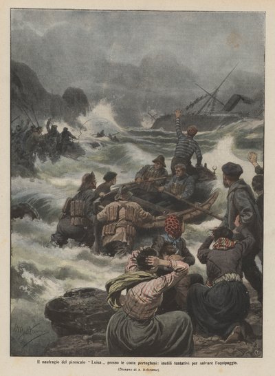 The shipwreck of the steamer Luisa off the Portuguese coast, futile attempts to save the crew by Achille Beltrame
