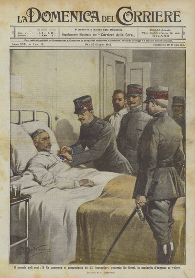 The reward to the heroes, the King awards the commander of the 12th Bersaglieri, General De Rossi by Achille Beltrame