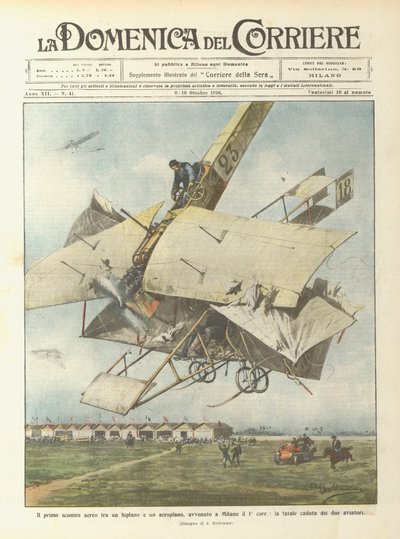 The First Aerial Clash Between a Biplane and an Airplane, Happened in Milan on the 1st by Achille Beltrame