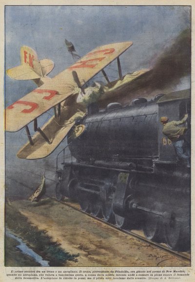 The First Clash Between a Train and an Airplane by Achille Beltrame
