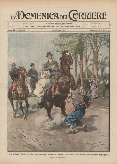 King Alfonso XIII saves a girl in Ceuta with a quick move, after she fell under his horse by Achille Beltrame