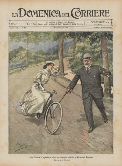 King Edward of England saves a young cyclist in Marienbad (Bohemia) by Achille Beltrame