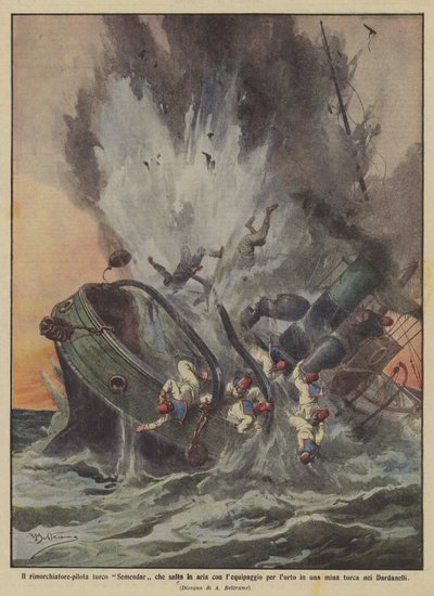 The Turkish Pilot Tug Semendar Blown Up with the Crew by a Mine Collision by Achille Beltrame