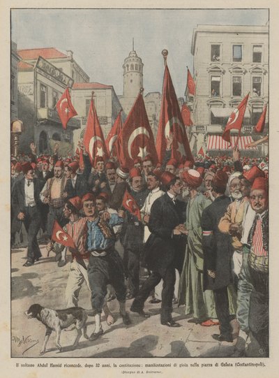 Sultan Abdul Hamid regrants the constitution after 32 years, manifestations of joy by Achille Beltrame