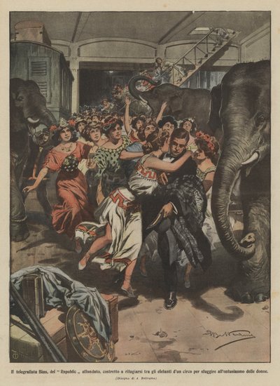 Telegraphist Bins of the Sunken Republic Forced to Take Refuge Among Circus Elephants by Achille Beltrame